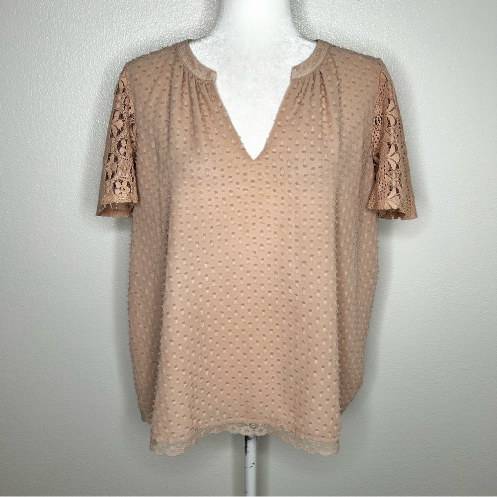 Anthropologie One September Womens Peach Textured Lace V-Neck Top Size L